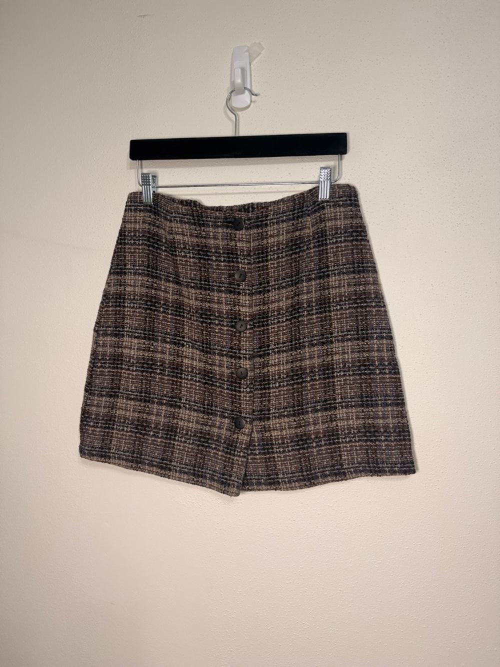 Button-Front Plaid Mini Skirt in Brown